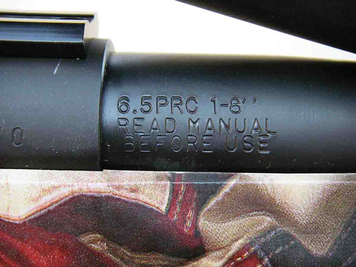 Barrel twist rate for the 6.5 PRC is 1:8, which allows it to properly stabilize long, heavy-for-caliber bullets with a high ballistic coefficient.